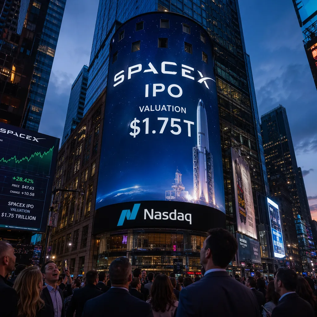 Nasdaq building displaying SpaceX IPO at 1.75 trillion dollar valuation