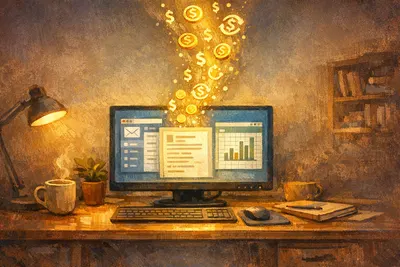 Editorial illustration of software as a subscription model, showing a computer screen with productivity tools and recurring payment symbols flowing upward