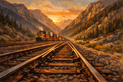Editorial illustration of railroad tracks converging through a mountain pass with a freight train carrying intermodal containers, showing the scale of railroad infrastructure