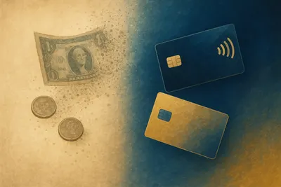 Editorial illustration showing the global transition from cash to digital payments, with paper currency dissolving into digital payment waves