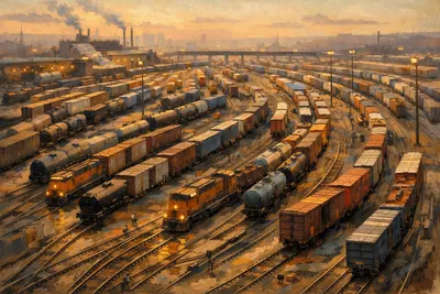 Aerial view of a busy rail yard with dozens of freight cars being sorted, illustrating the complex logistics network of American railroads