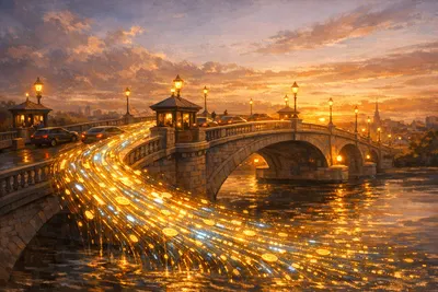 Editorial illustration of a toll bridge with digital transactions flowing across it, representing Visa's payment network business model