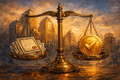Editorial illustration of a balance scale with bond certificates and a golden seal of approval, representing the credit ratings industry against a financial district backdrop