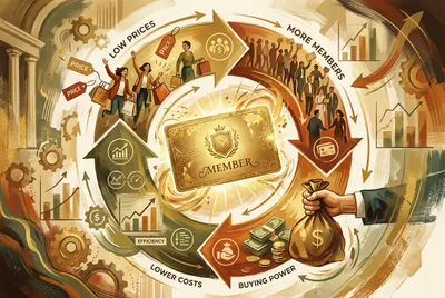 Editorial illustration of a membership card at the center of a flywheel business model showing the virtuous cycle of low prices, more members, and greater buying power
