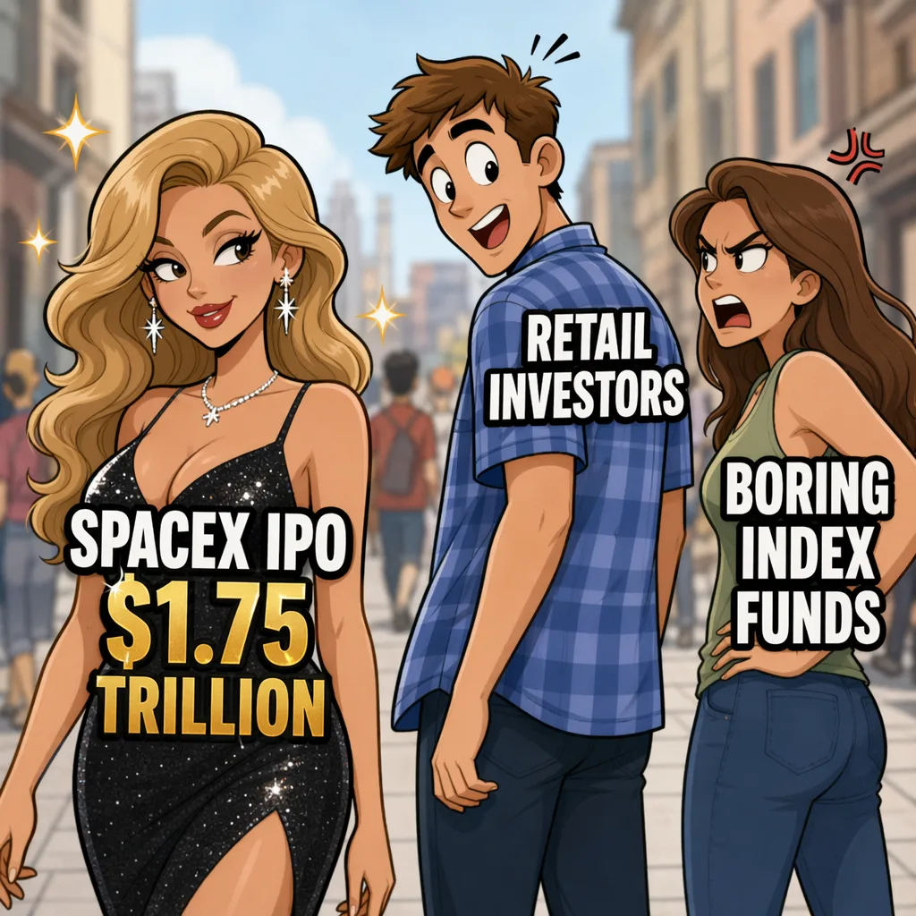 Distracted Boyfriend meme: retail investors distracted by SpaceX IPO ignoring boring index funds