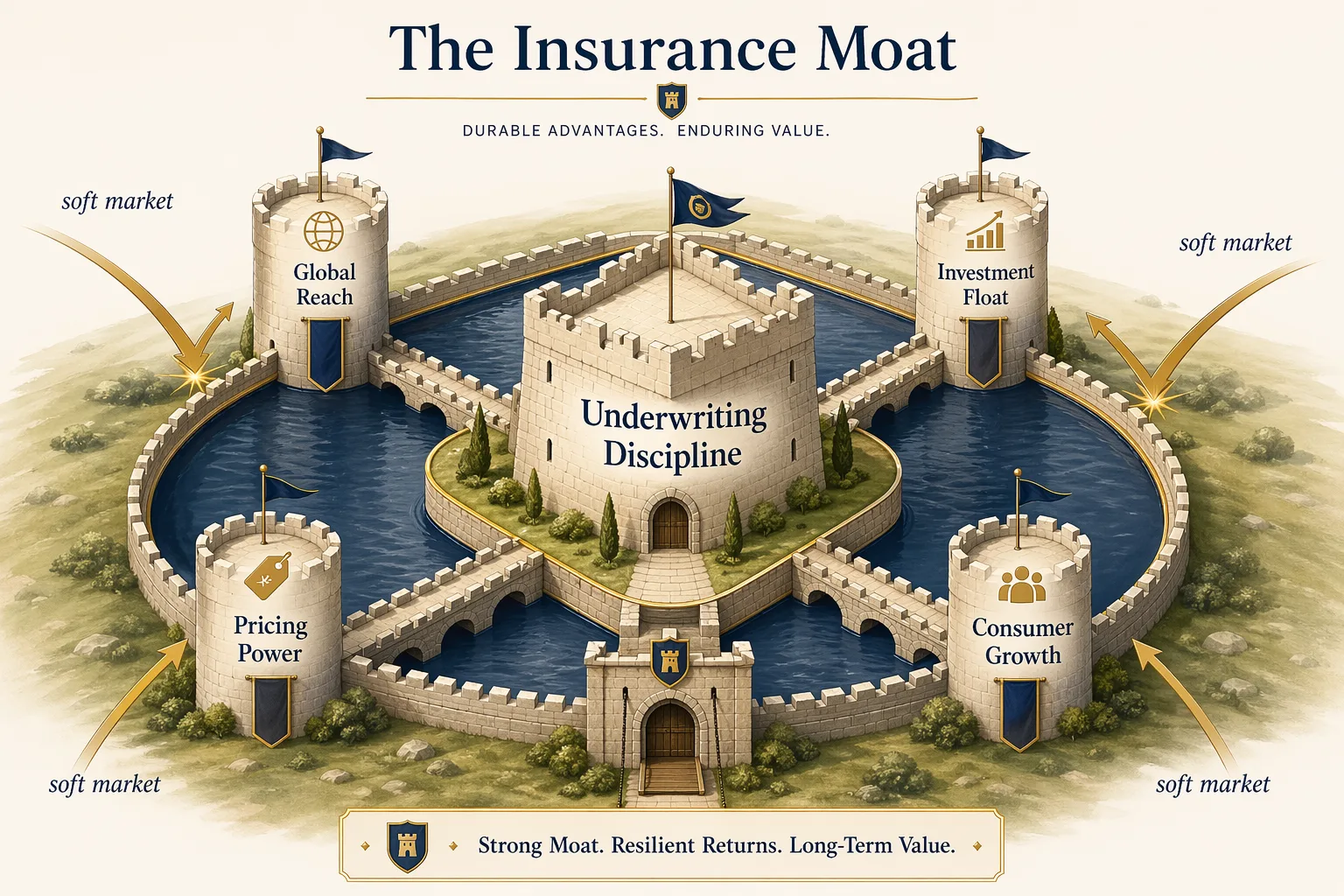 Chubb moat diagram showing underwriting discipline at center surrounded by global reach, investment float, pricing power, and consumer growth