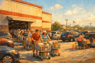 Editorial illustration of shoppers emerging from a warehouse retail store with full carts, depicting consistent consumer loyalty and the warehouse shopping experience